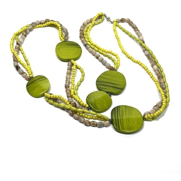 Necklace Statement Green Beige Multi Strands Asymmetric 36” - Picture 1 of 6